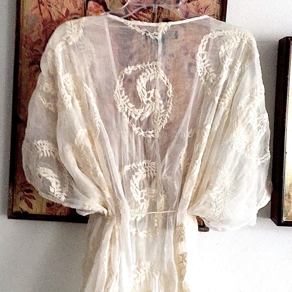 BOHO IVORY EMBROIDERED LONG KIMONO DRESS SHEER ADJUSTABLE KAFTAN S M L - Picture 3 of 12